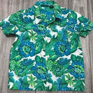 Bright Green and Blue on White - Plant / Palm Print Button Up